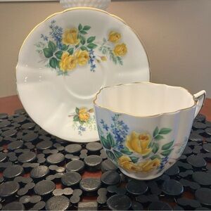 Vintage Royal Windsor Yellow Rose and Blue Floral Teacup Set perfect
